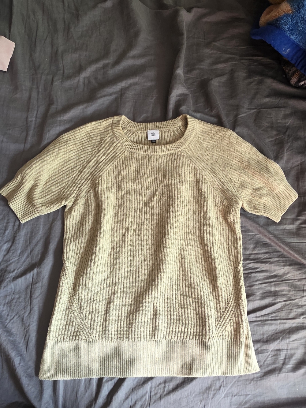 Cabi Style 445 Ribbed Knit Sweater Top Medium Beige Oatmeal Short Sleeve Cotton